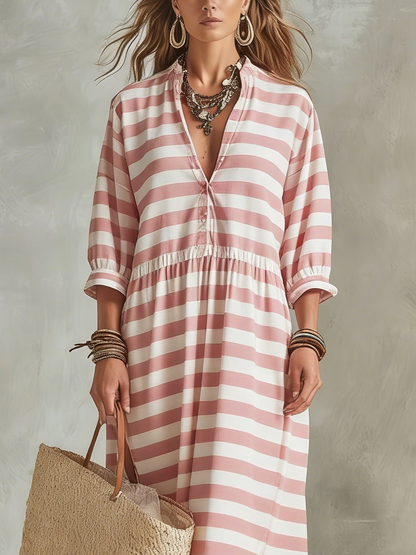 Robe longue style bohème rayée rose pâle