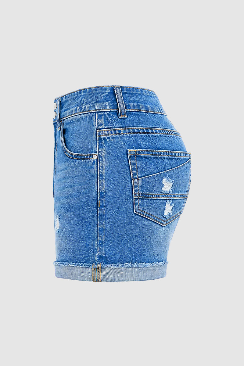 Wash Ripped Roll Hem Dual Button High Rise Denim Shorts