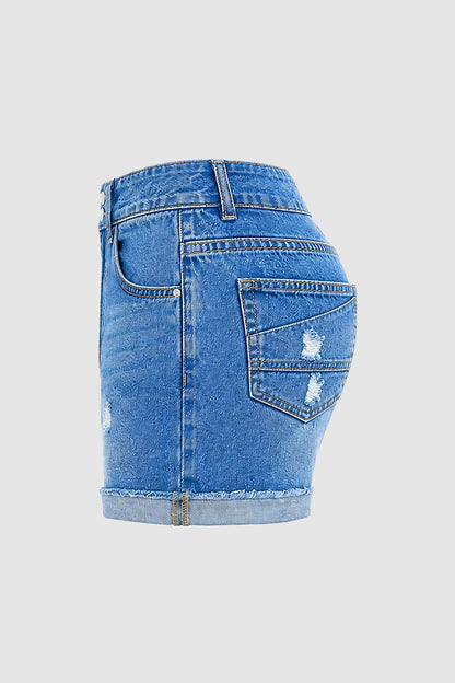 Wash Ripped Roll Hem Dual Button High Rise Denim Shorts