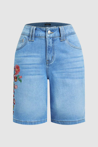 Wash Floral Embroidery Mid Rise Denim Bermuda Shorts