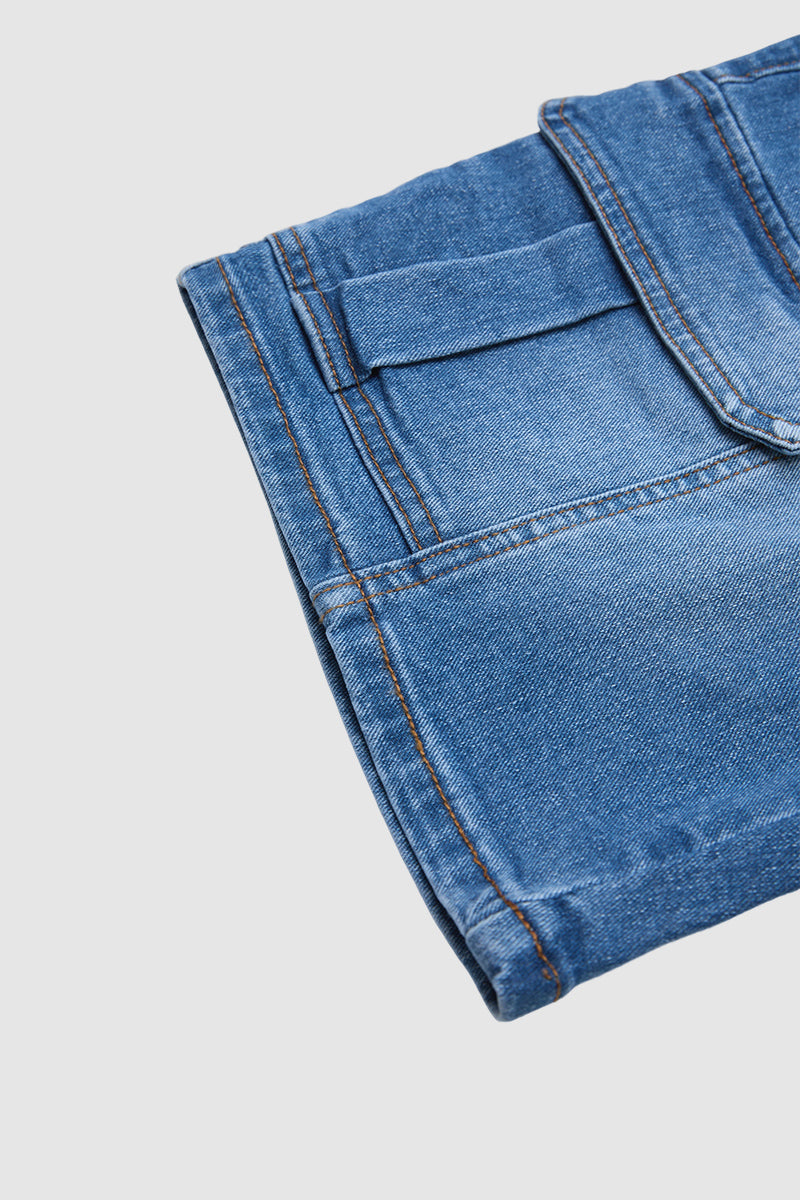Wash Flap Pocket Seam Front Elastic Mid Rise Mid Thigh Denim Shorts