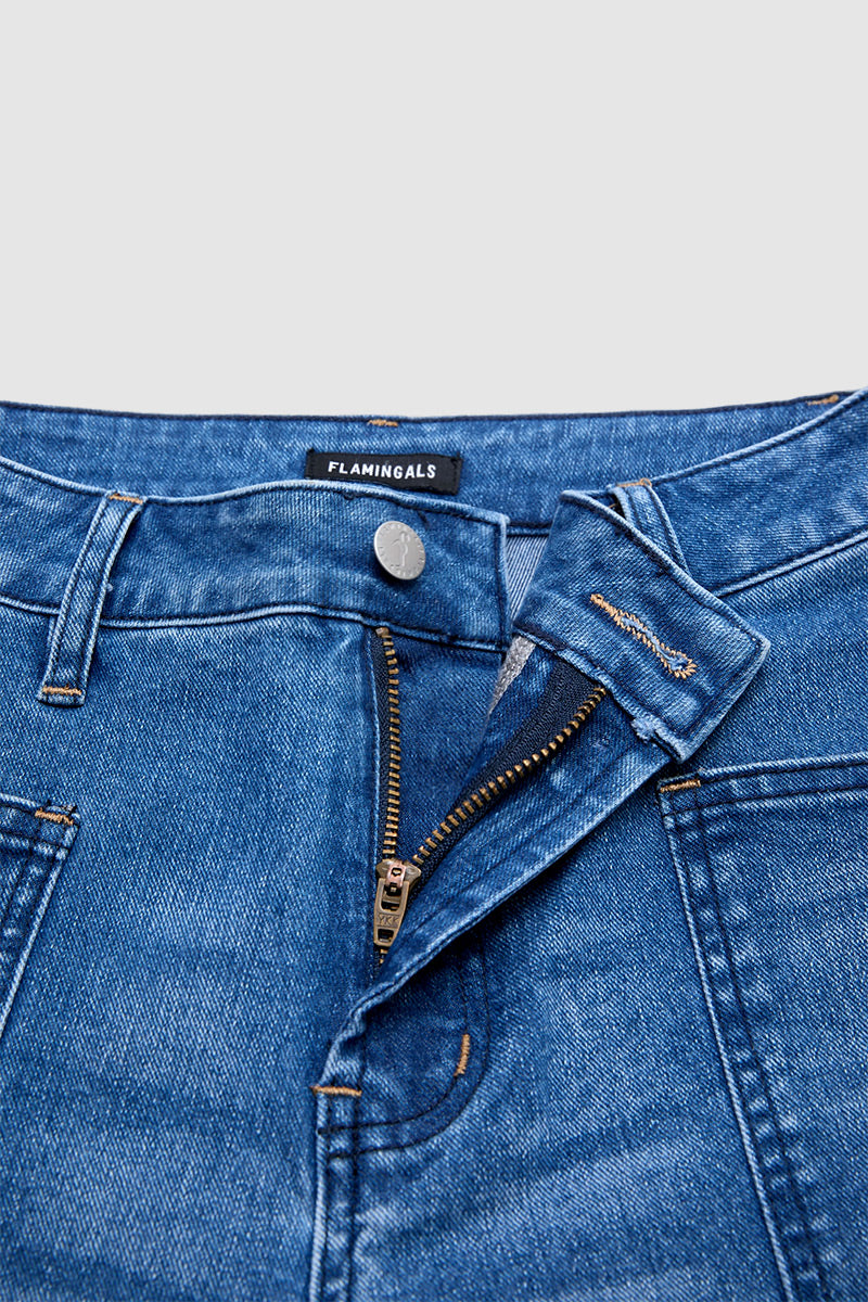 Wash Roll Hem Patch Pocket High Rise Denim Bermuda Shorts