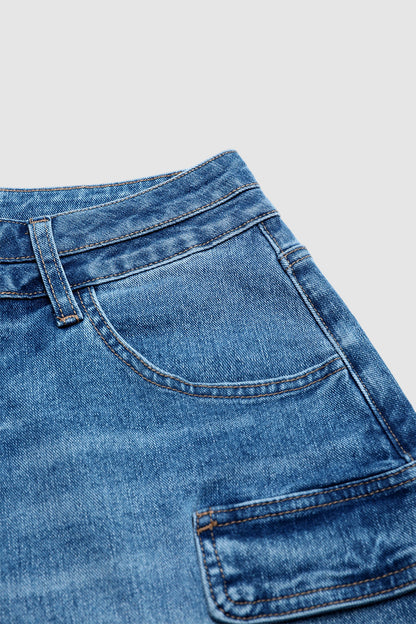 Wash Raw Hem Dual Button Mid Waist Denim Mid Thigh Shorts