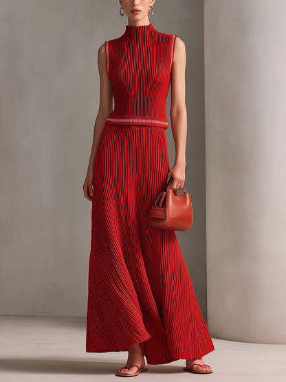 Chic Elegant Red Mock Neck Sleeveless Sweater And High Waist A-Line Maxi Skirt Ribbed Knit Two-Piece Set