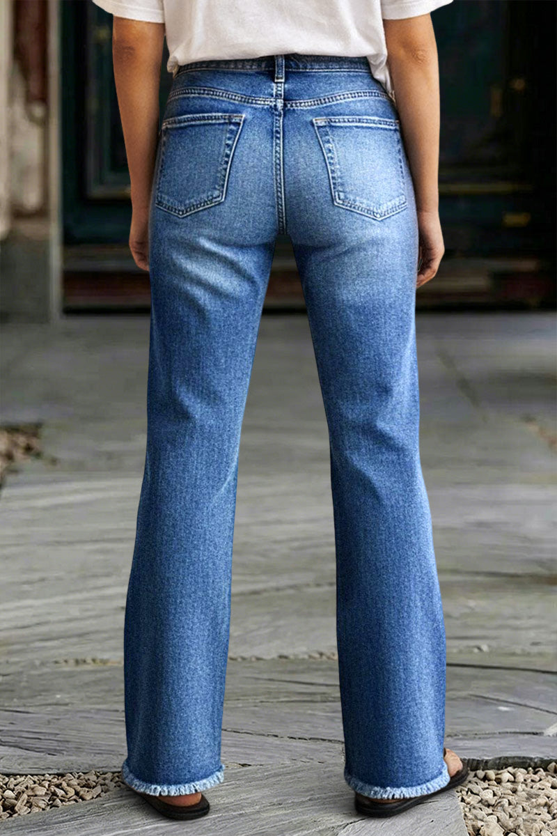 Raw Hem Mid Waist Straight Leg Jeans