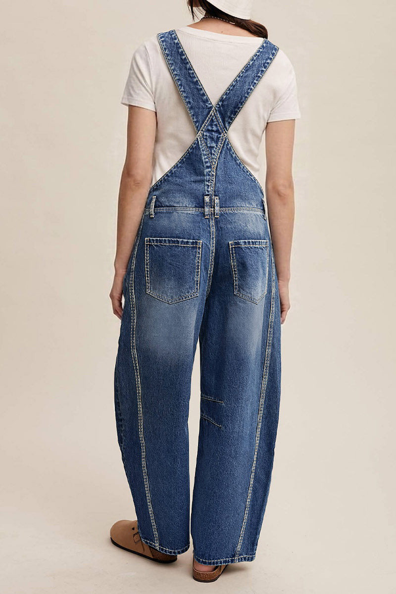 Wash Patch Pocket Stitch Detail Barrel Leg Denim Overalls