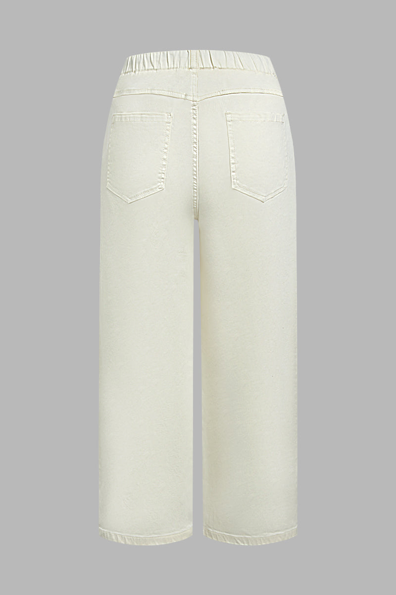 Solid Patch Pocket Drawstring Elastic Mid Waist Wide Leg Cropped Pants
