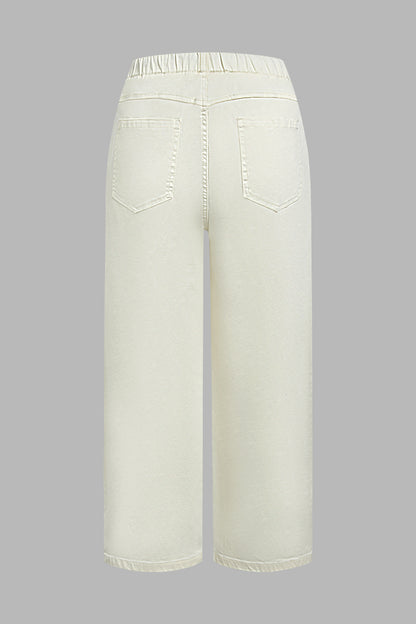 Solid Patch Pocket Drawstring Elastic Mid Waist Wide Leg Cropped Pants