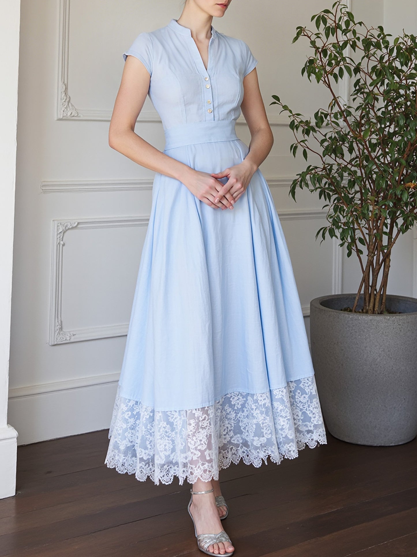 Robe longue en coton, manches courtes, col en V, unie, dentelle, vintage français, bleu aqua