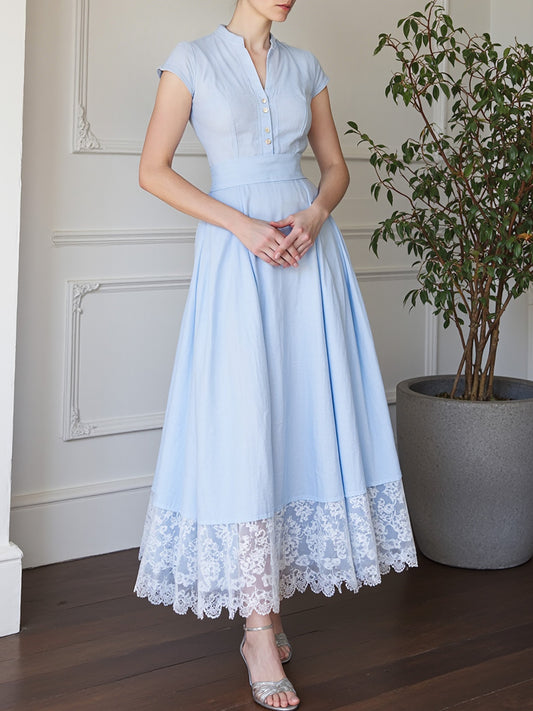 Robe longue en coton, manches courtes, col en V, unie, dentelle, vintage français, bleu aqua