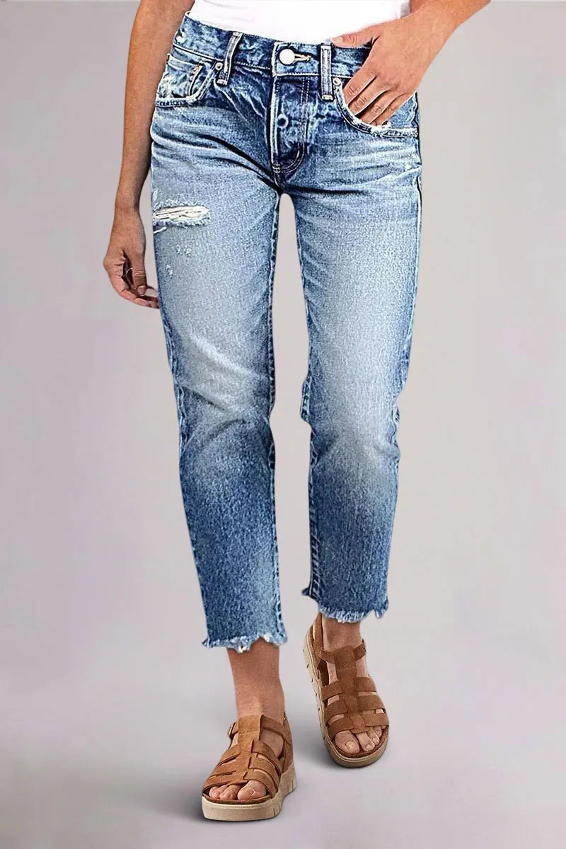 Raw Hem Ripped Mid Rise Straight Leg Crop Jeans