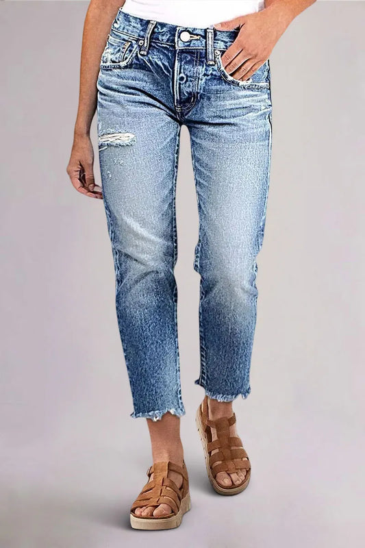 Raw Hem Ripped Mid Rise Straight Leg Crop Jeans