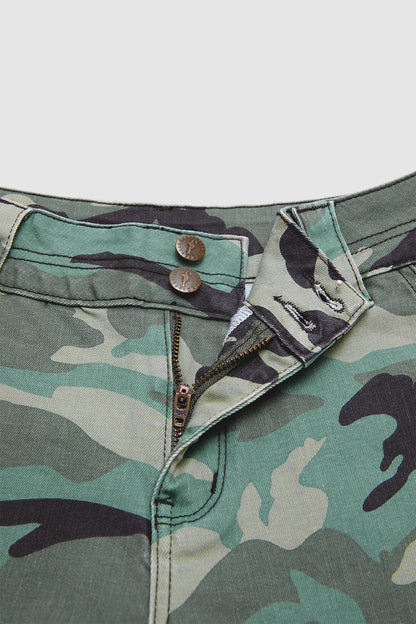 Camo Print Flap Pocket Mid Waist Straight Leg Cargo Pants