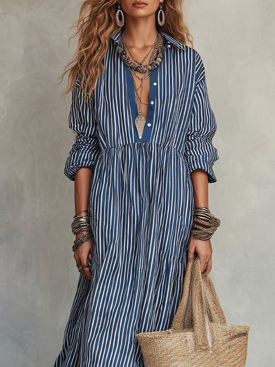 Robe longue bohème rayée indigo rétro