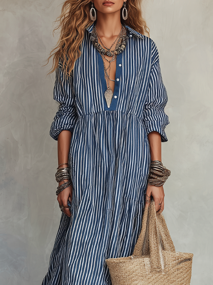 Robe longue bohème rayée indigo rétro