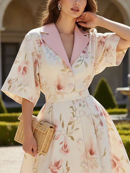 Robe mi-longue en lin, manches courtes, col châle, motif floral, boutonnée, vacances, vintage, blanche