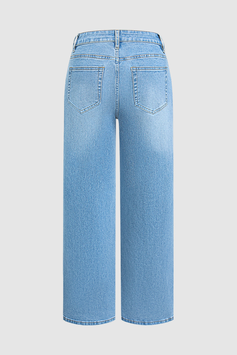 Stitch Detail Mid Waist Wide Leg Jeans Without Belt
