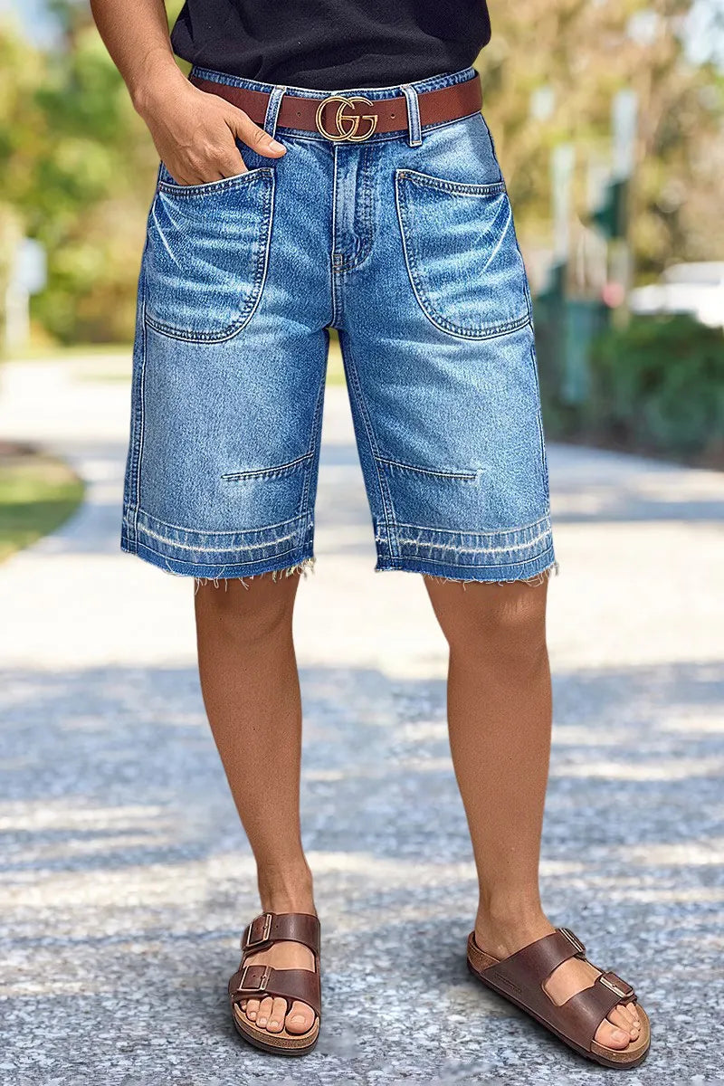 Raw Hem Mid Waist Denim Bermuda Shorts Without Belt