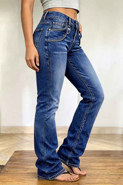 Wash Stitch Detail Mid Waist Bootcut Jeans