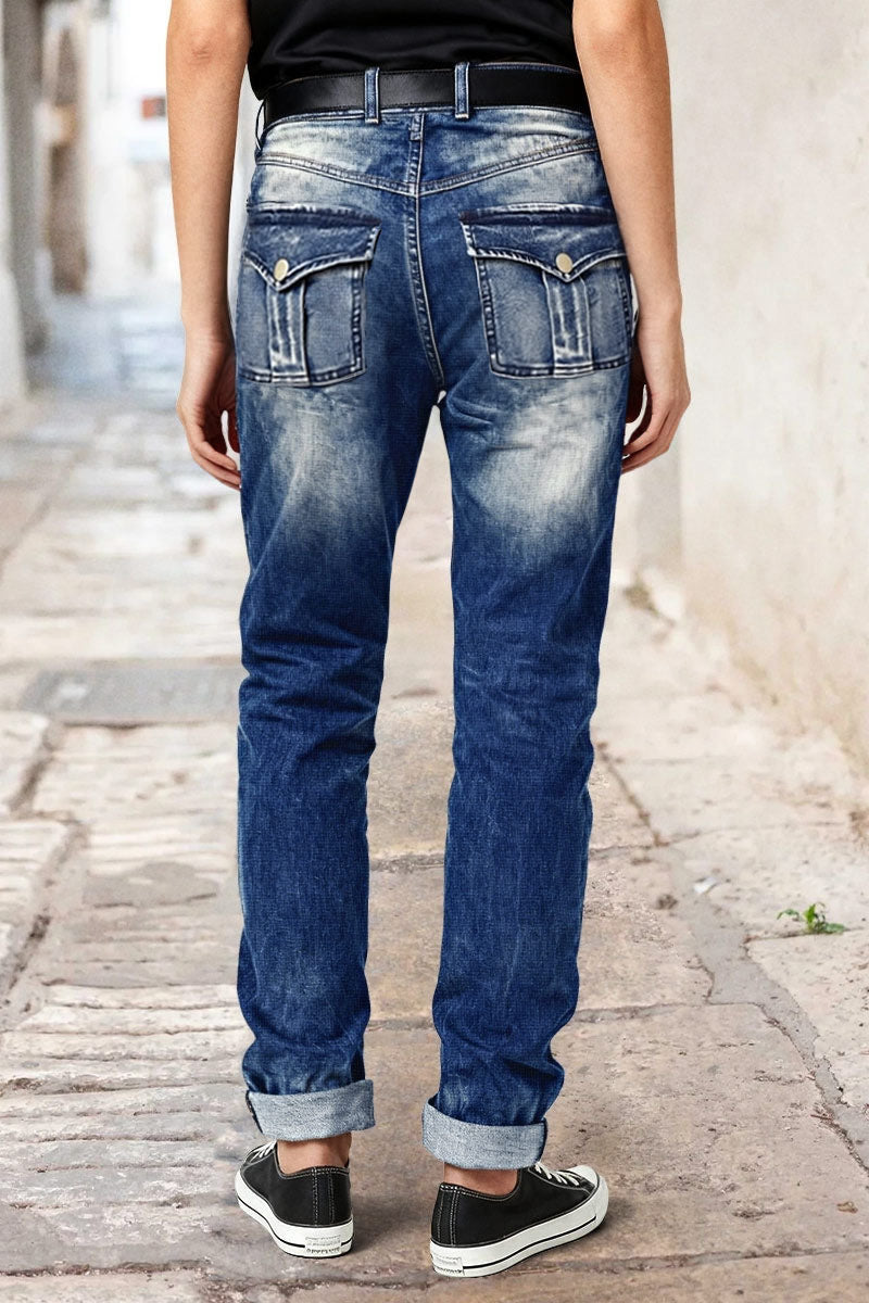 Wash Stitch Detail Flap Pocket High Waist Straight Leg Jeans