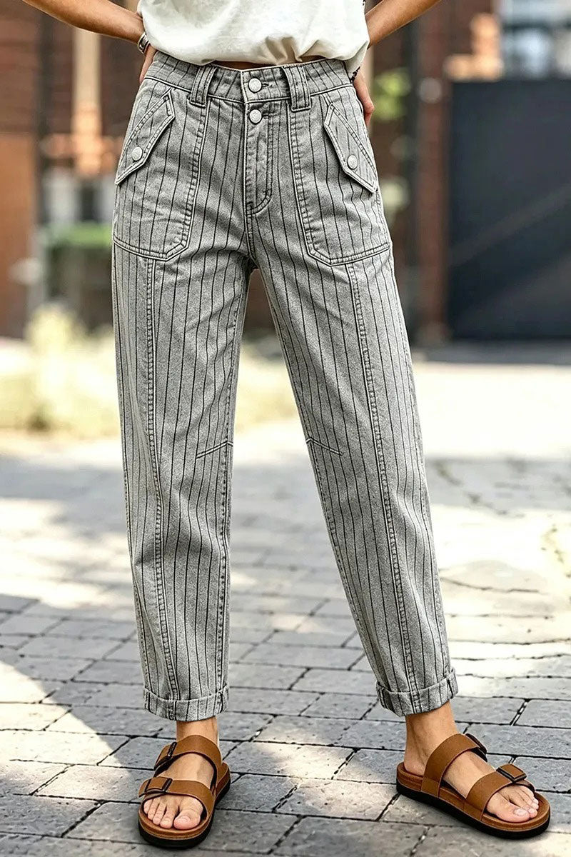 Striped Flap Decor Roll Hem High Waist Cropped Tapered Pants
