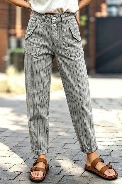 Striped Flap Decor Roll Hem High Waist Cropped Tapered Pants