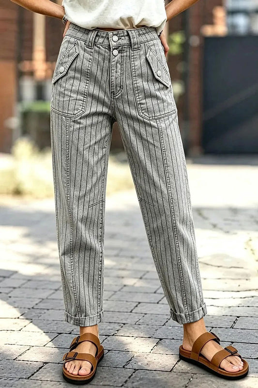 Striped Flap Decor Roll Hem High Waist Cropped Tapered Pants