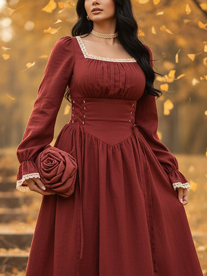 Robe longue en lin, manches longues, col carré, unie, dentelle, style vintage français, rouge