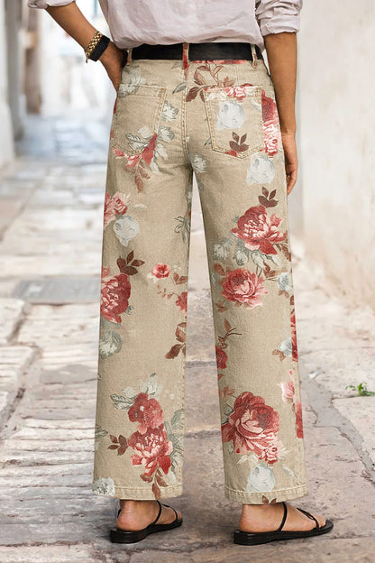 Floral Print Patch Pocket High Rise Straight Leg Pants Without Belt