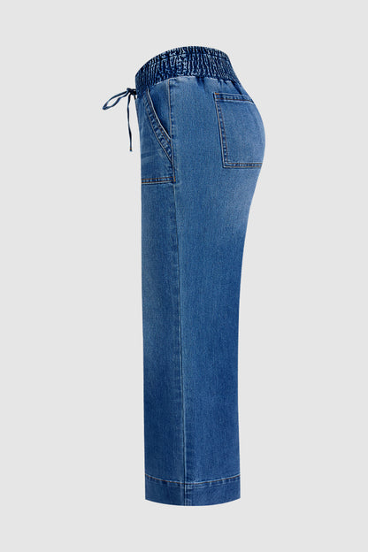 Wash Patch Pocket Tie Front Shirred High Rise Wide Leg Jeans