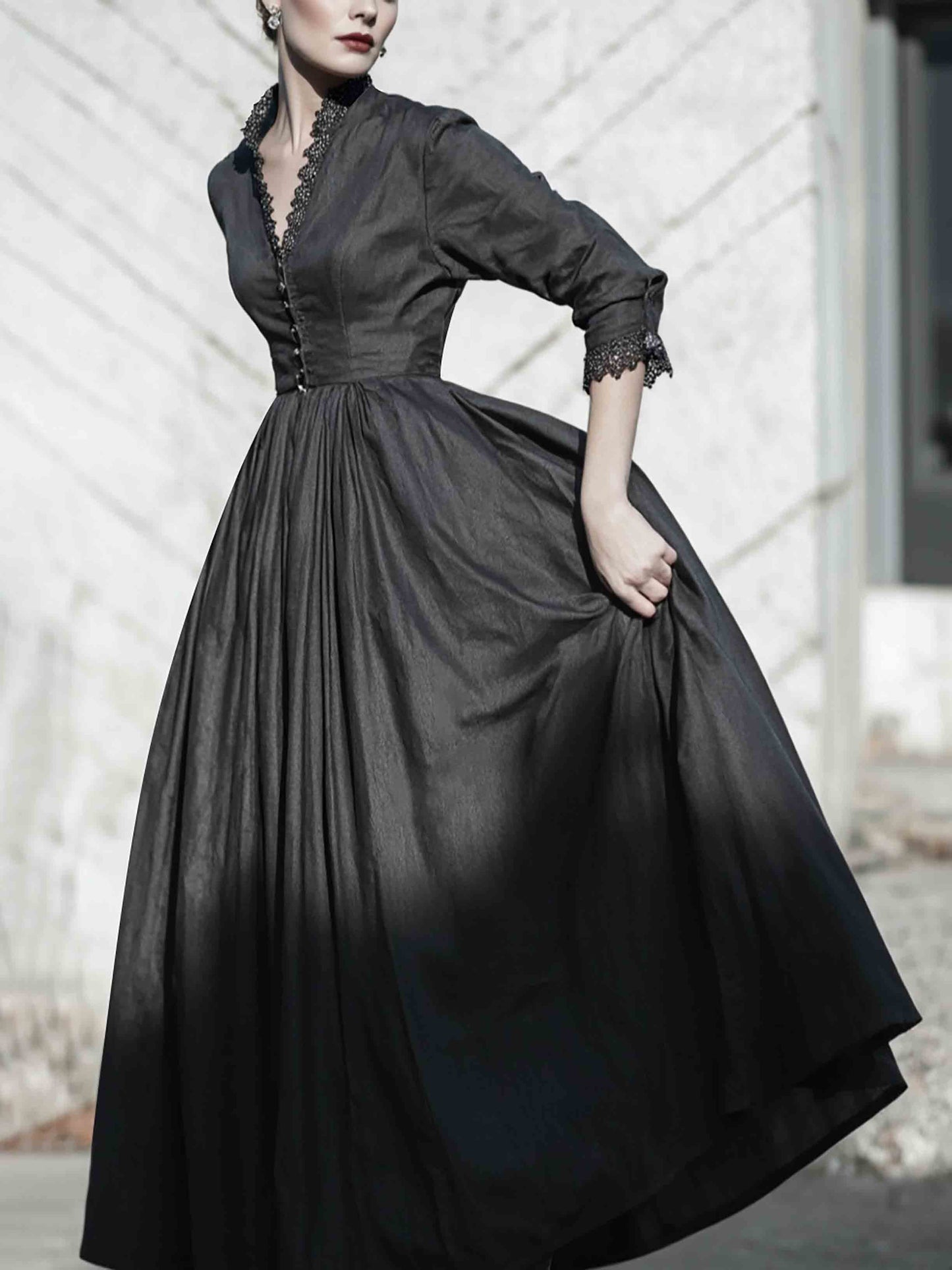 Robe longue en lin, Manches mi-longues, Col en V, Unie, Boutonnée, Style vintage, Noire