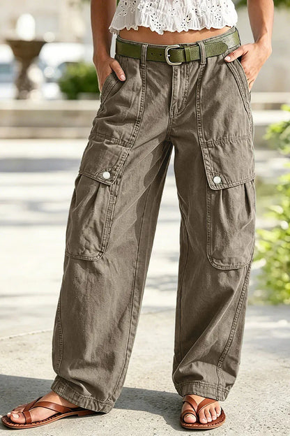 Solid Flap Pocket Mid Rise Wide Leg Cargo Pants Without Belt