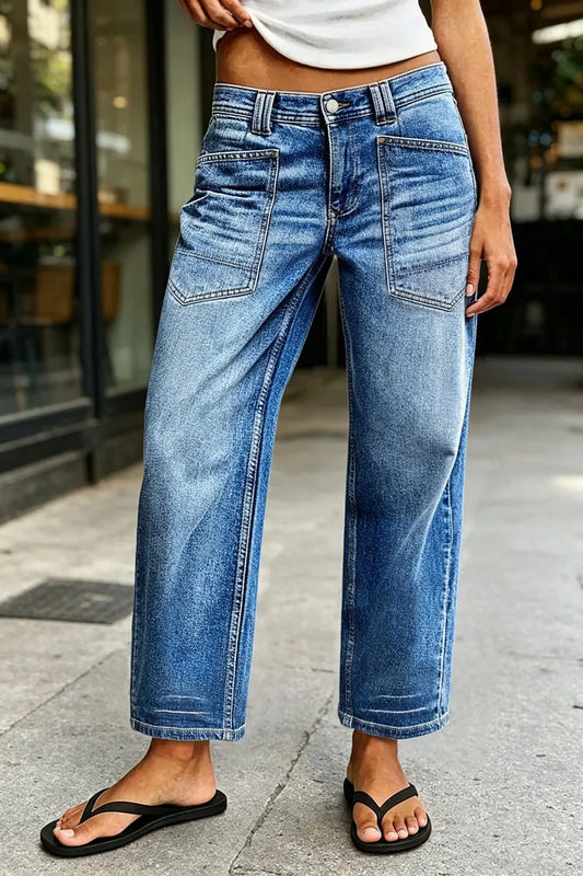 Wash Patch Pocket Mid Rise Straight Leg Crop Jeans