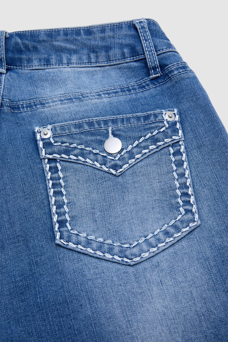 Stitch Detail Mid Waist Skinny Rolled Hem Capri Jeans