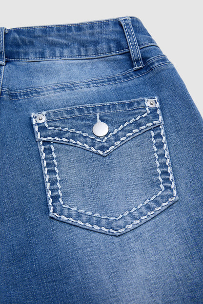 Stitch Detail Mid Waist Skinny Rolled Hem Capri Jeans