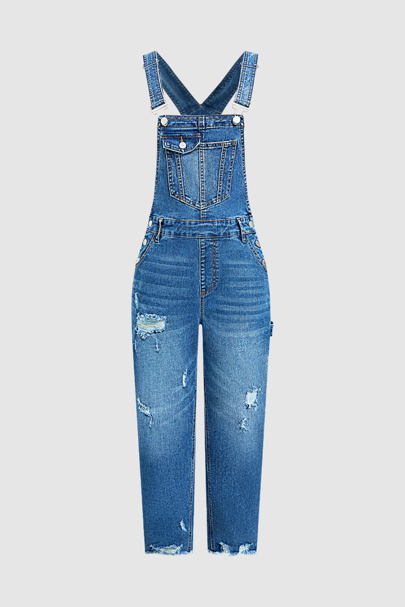 Wash Ripped Raw Hem High Waist Straight Leg Crop Overalls