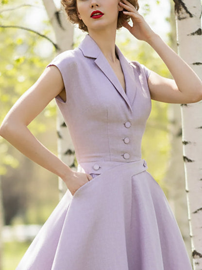 Robe Midi en Lin, Sans Manches, Col Revers, Unie, Boutonnée, Style Vintage Français, Violet Clair