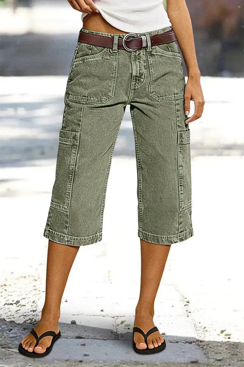 Stitch Detail Side Pocket Mid Waist Straight Leg Capri Pants Without Belt