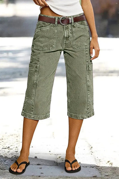 Stitch Detail Side Pocket Mid Waist Straight Leg Capri Pants Without Belt