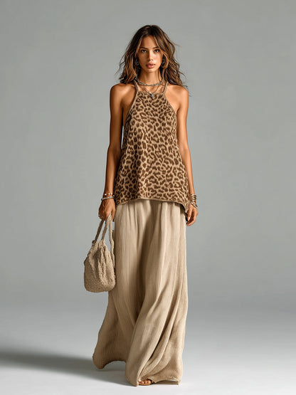 Chic Elegant Brown Leopard Jacquard Halter Sleeveless Loose-Fit Camisole A-Line Maxi Skirt Knit Two-Piece Set