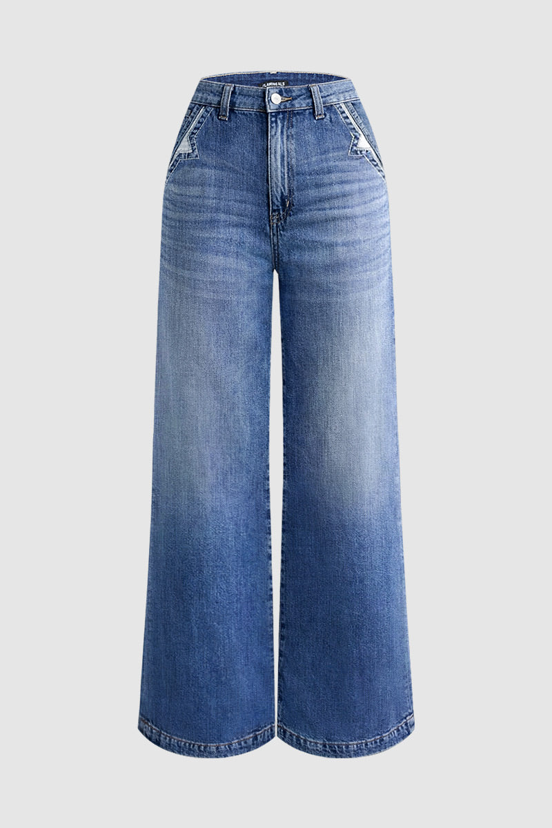 Wash Stitch Decor Wide Leg Mid Rise Jeans Without Belt