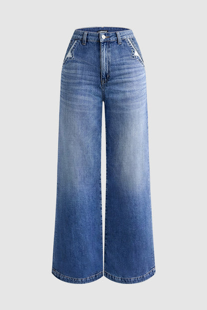 Wash Stitch Decor Wide Leg Mid Rise Jeans Without Belt
