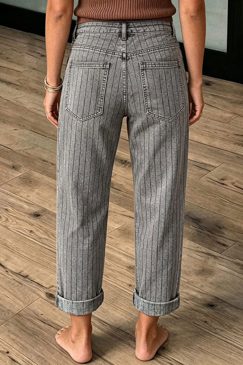 Striped Roll Hem Drawstring Mid Waist Straight Leg Cropped Pants
