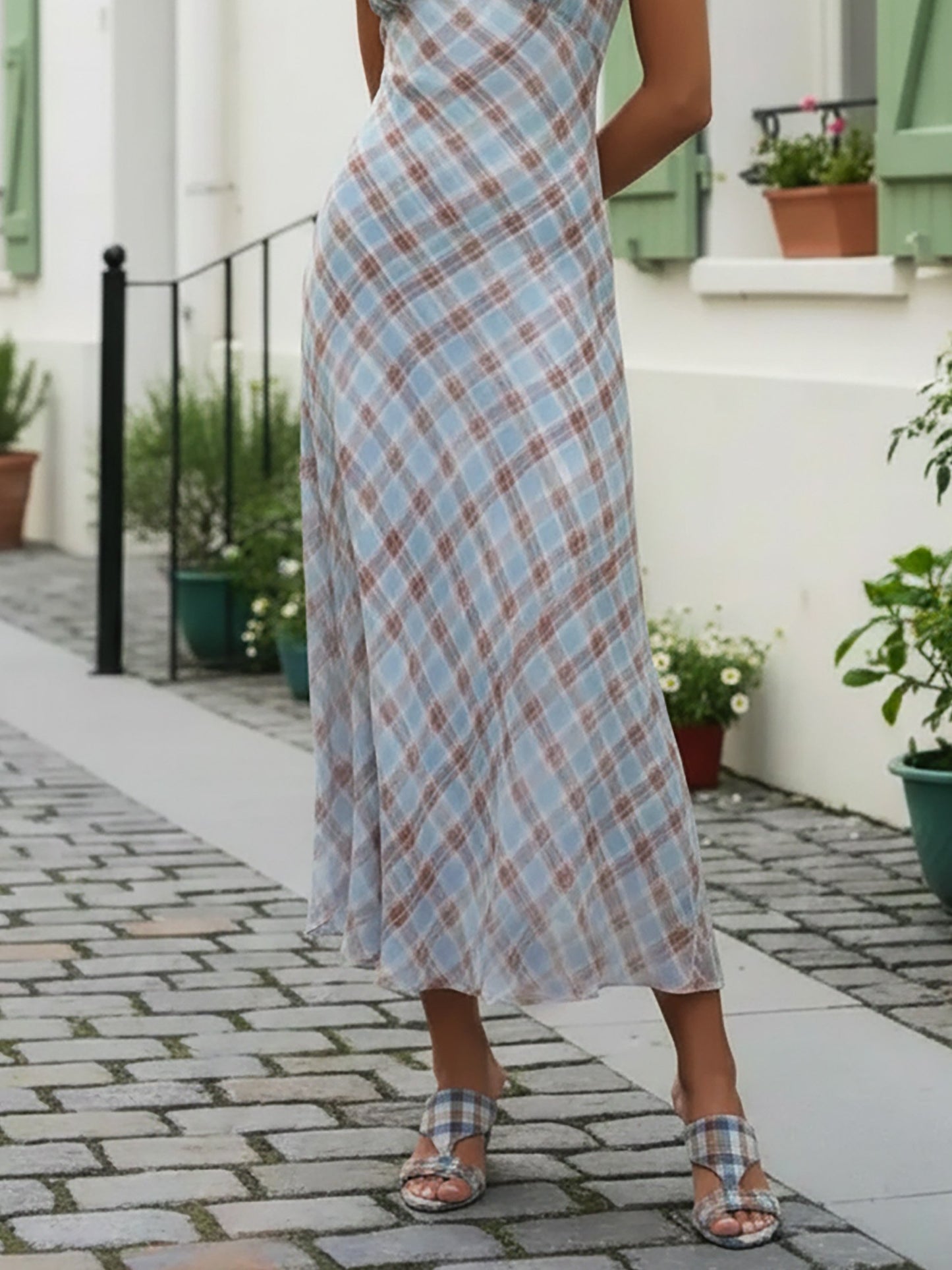 Robe longue en lin, sans manches, col en V, à carreaux, style vintage français, bleue