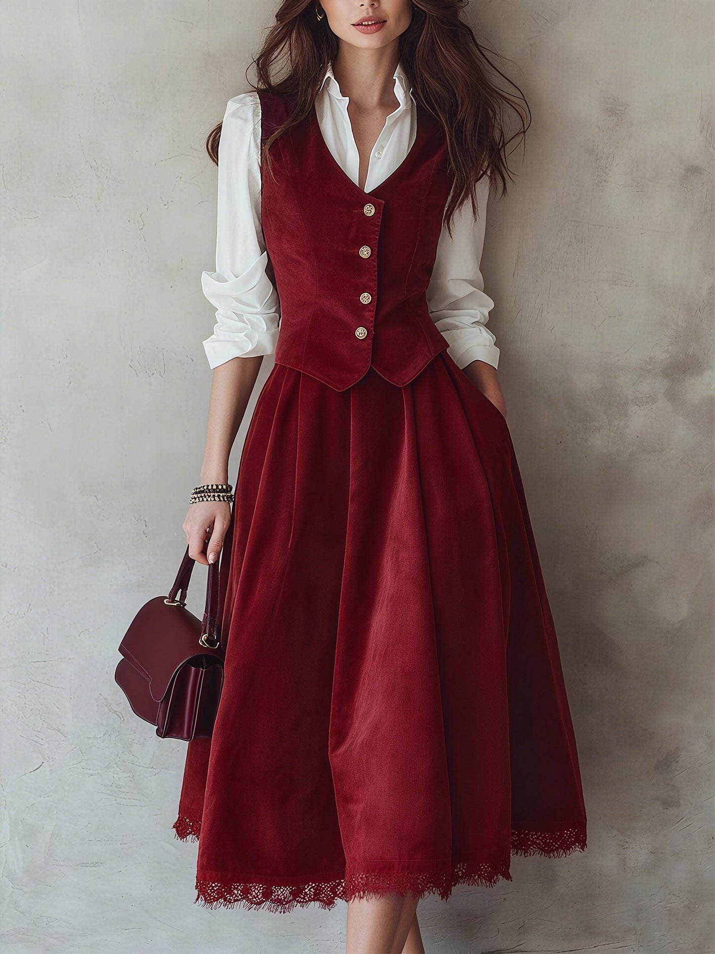 Jupe midi en coton (chemise et gilet non inclus), unie, poches, vintage, rouge lie-de-vin