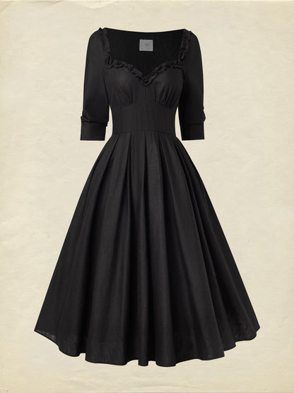 Robe Midi en Lin, Manches Mi-longues, Col Cœur, Unie, Dentelle, Vintage, Noir