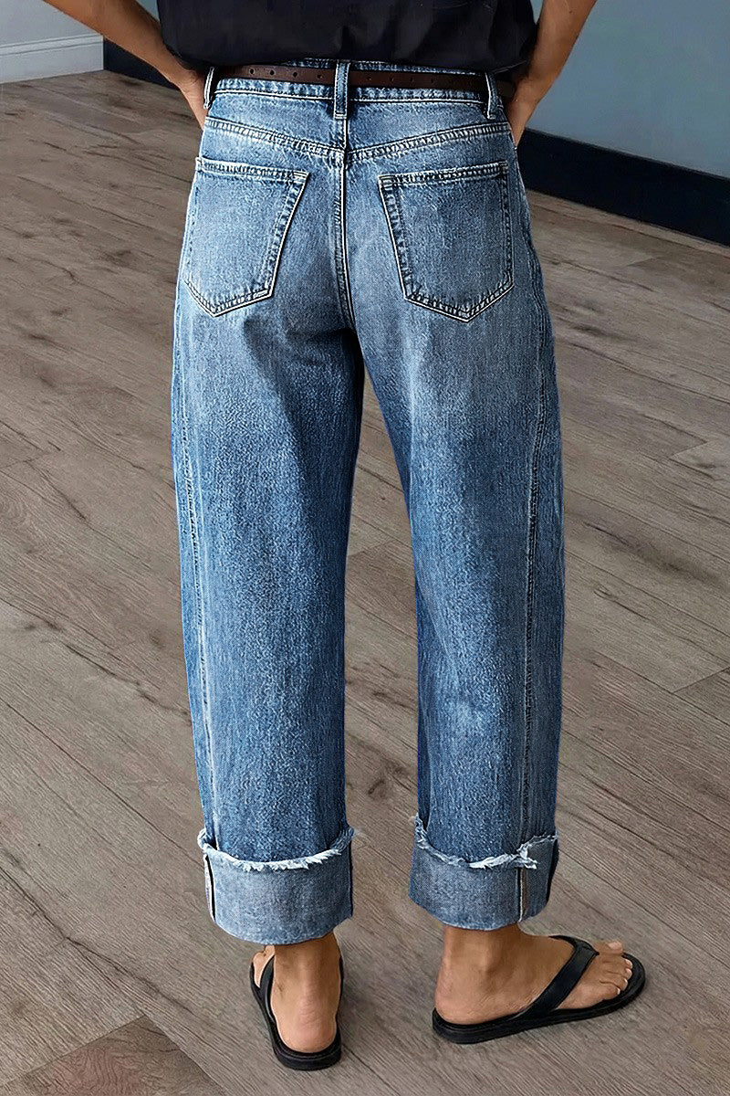 Wash Seam Front Roll Raw Hem Mid Rise Straight Leg Crop Jeans Without Belt