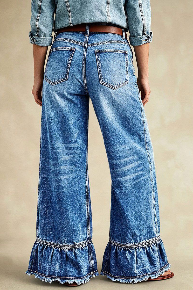 Wash Ruffle Hem Raw Hem Mid Waist Wide Leg Jeans Without Belt