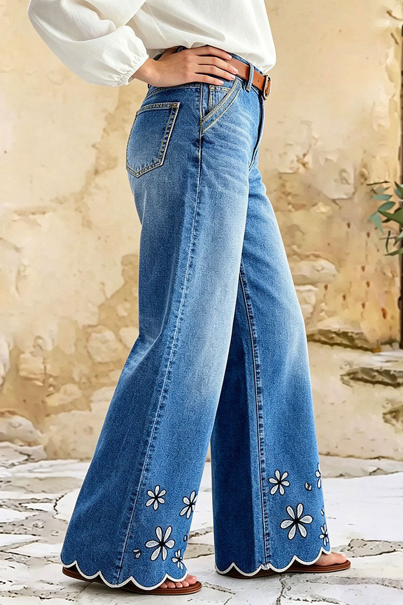 Wash Floral Embroidery Scallop Trim Mid Waist Wide Leg Jeans Without Belt