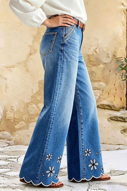 Wash Floral Embroidery Scallop Trim Mid Waist Wide Leg Jeans Without Belt